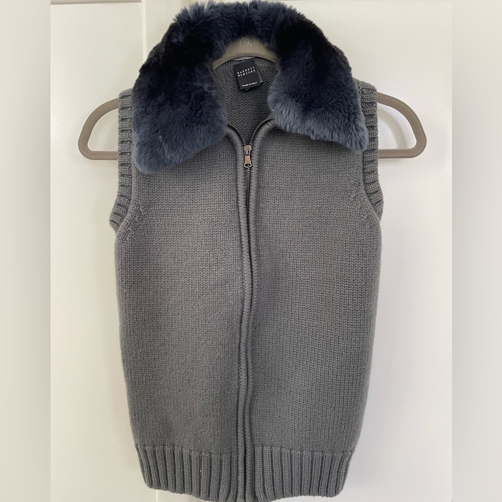 BARNEYS NEW YORK GRAY SWEATER VEST ZIPPER MERINO WOOL RABBIT FUR SZ S EXCELLENT